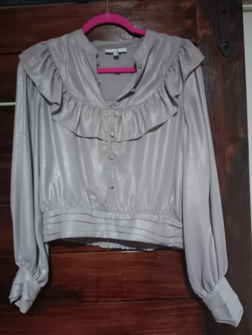 Fate Silver Shimmery Ruffle-Trim Button Front Blouse
